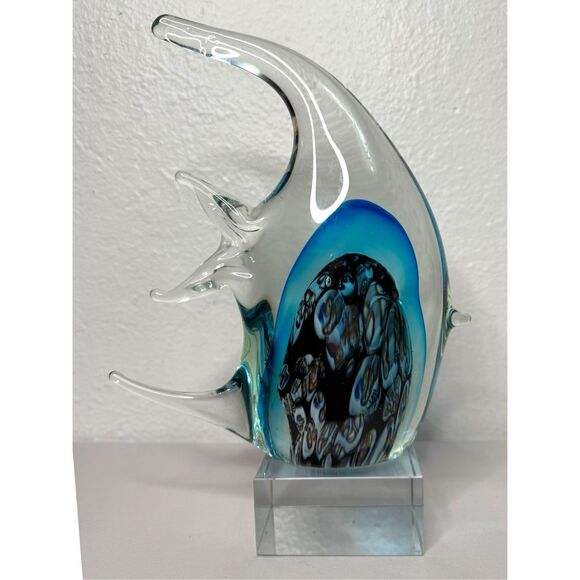 Handblown Murano? Glass Angel Fish Art Sculpture Bubbles Footed Plate 10” - Picture 3 of 8
